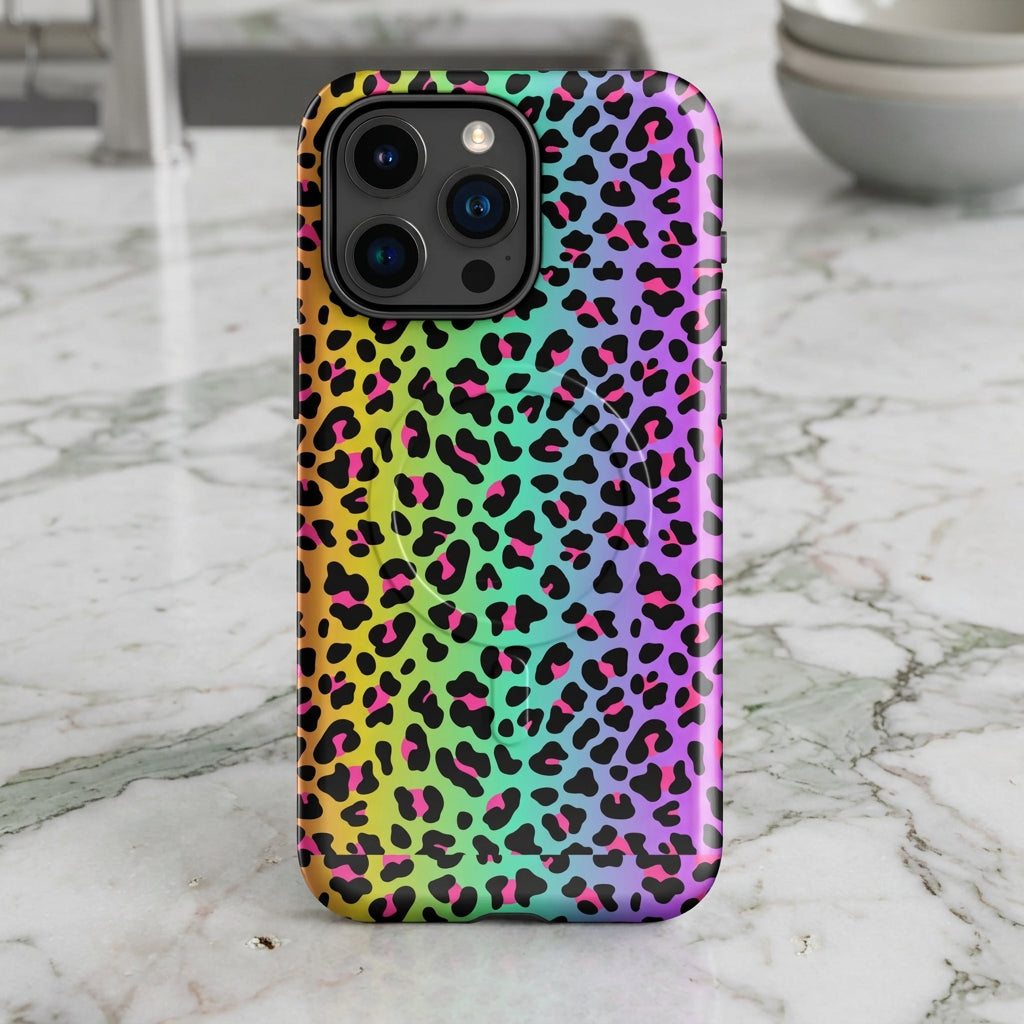 Phone case with a colorful leopard print pattern on a white background