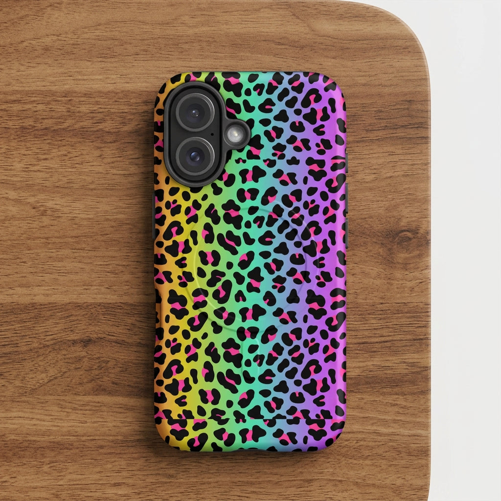 Phone case with a colorful leopard print pattern on a white background