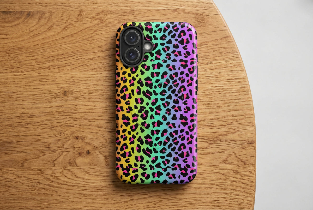 Phone case with a colorful leopard print pattern on a white background