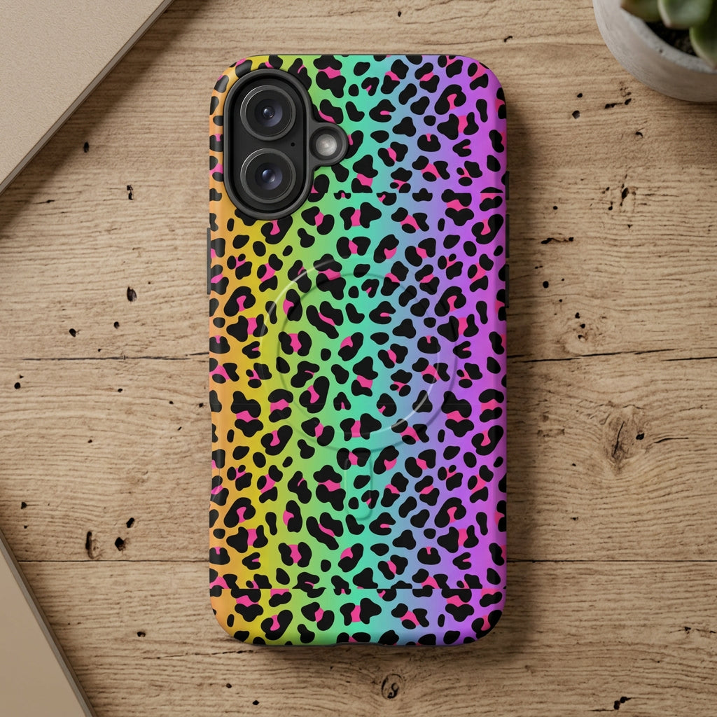 Phone case with a colorful leopard print pattern on a white background