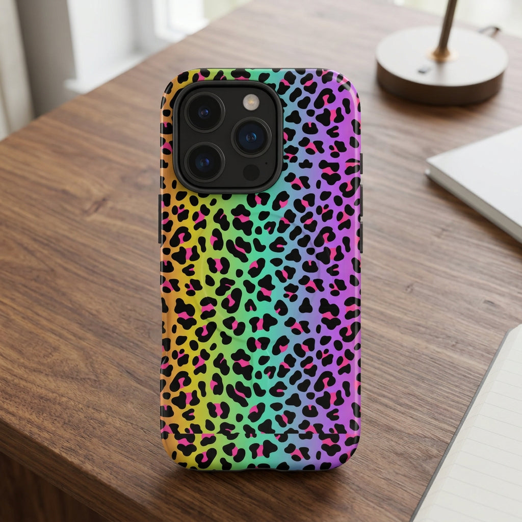 Phone case with a colorful leopard print pattern on a white background