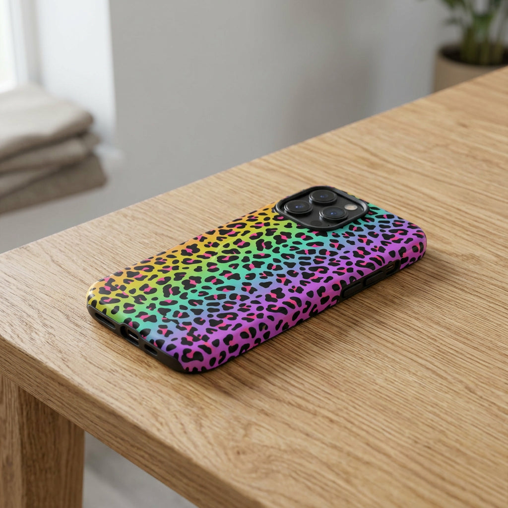 Phone case with a colorful leopard print pattern on a white background