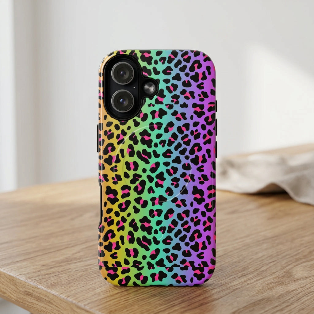 Phone case with a colorful leopard print pattern on a white background