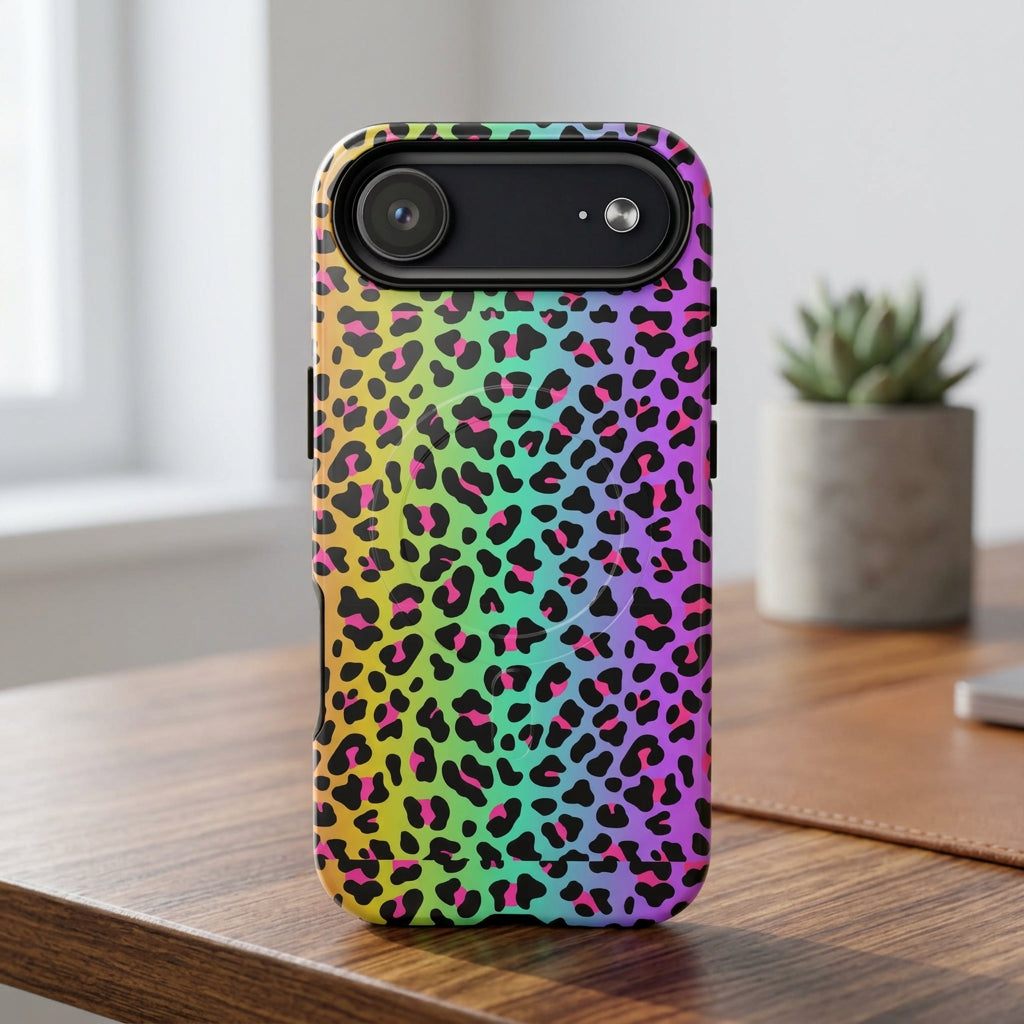 Phone case with a colorful leopard print pattern on a white background