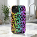 Phone case with a colorful leopard print pattern on a white background