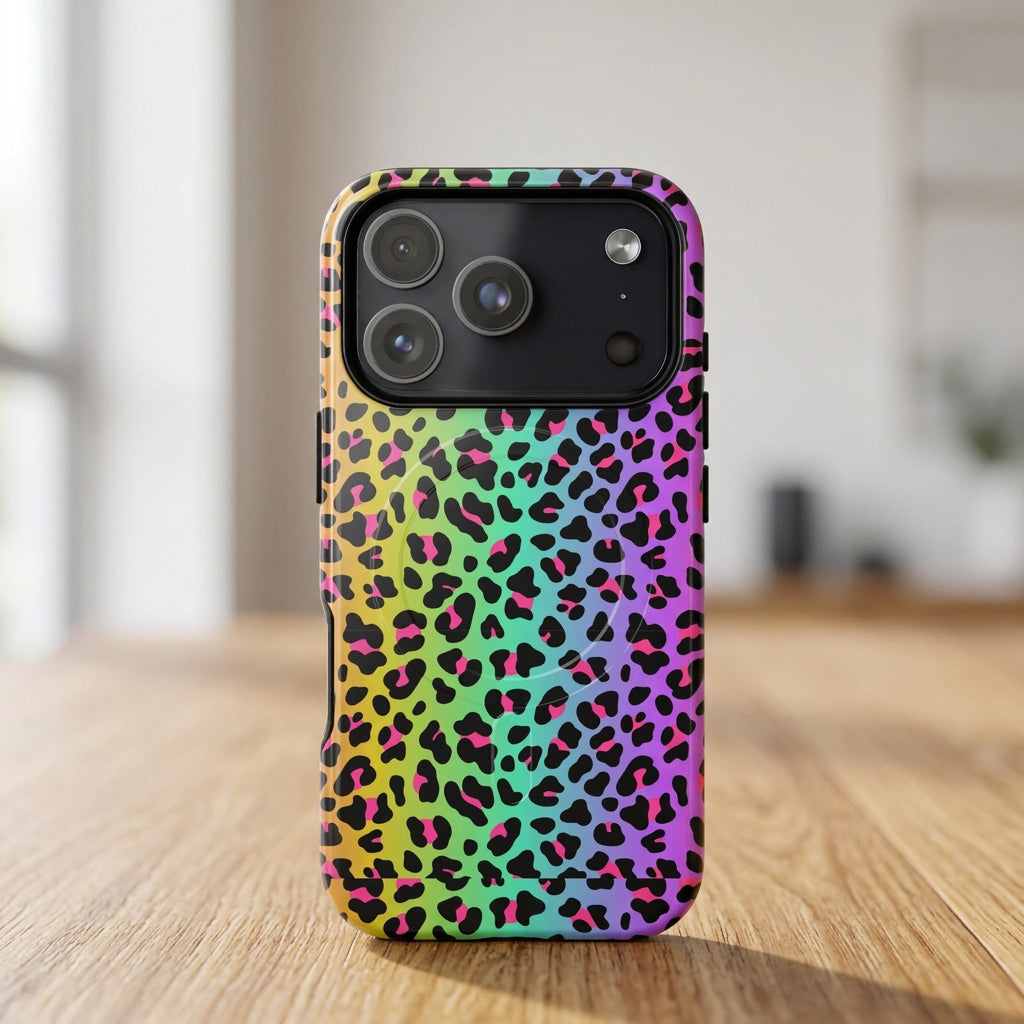 Phone case with a colorful leopard print pattern on a white background