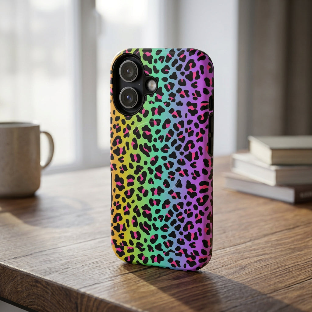 Phone case with a colorful leopard print pattern on a white background