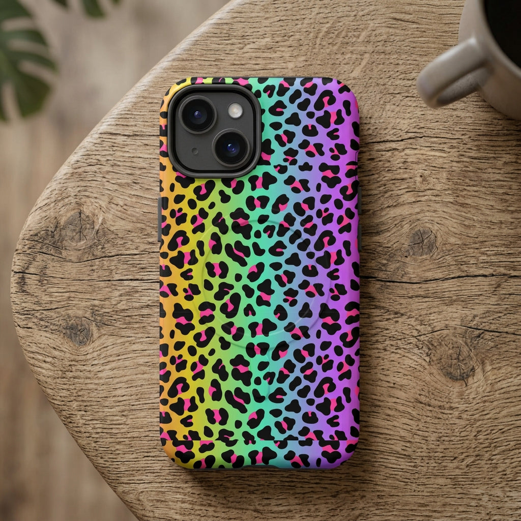 Phone case with a colorful leopard print pattern on a white background