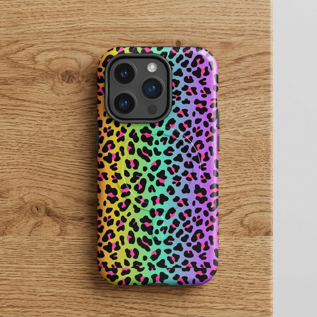 Phone case with a colorful leopard print pattern on a white background