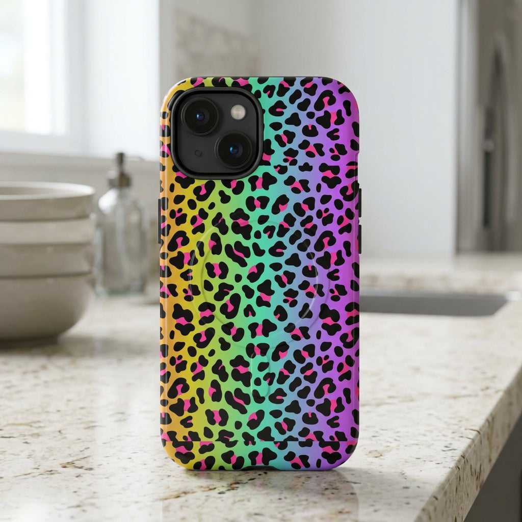 Phone case with a colorful leopard print pattern on a white background