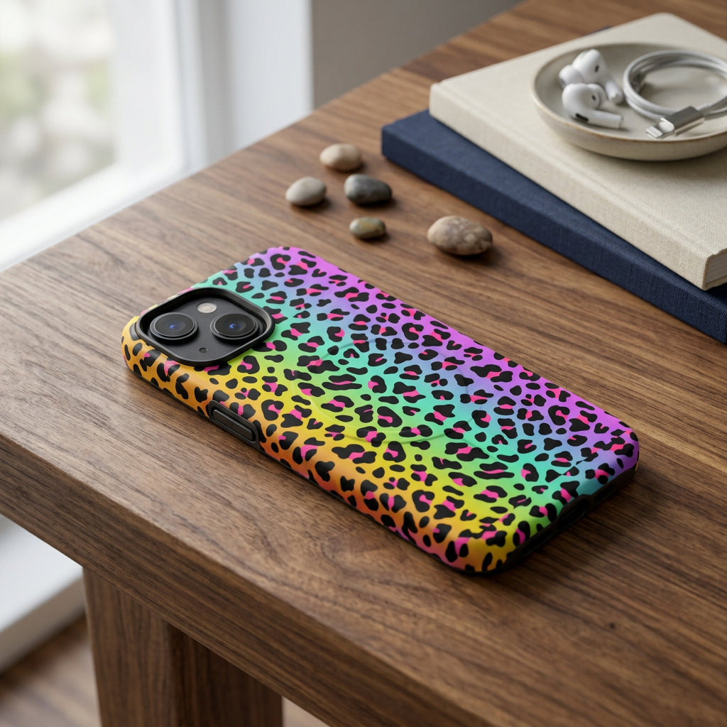 Phone case with a colorful leopard print pattern on a white background