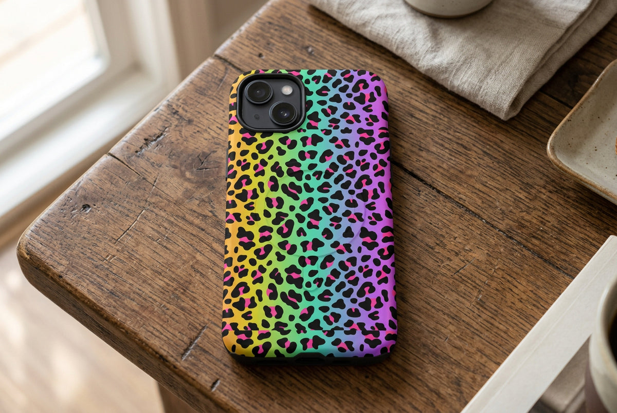 Phone case with a colorful leopard print pattern on a white background
