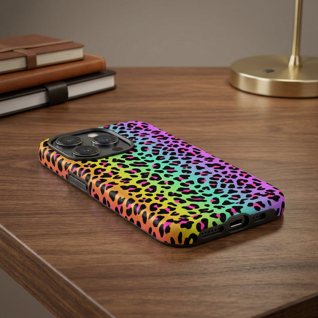 Phone case with a colorful leopard print pattern on a white background