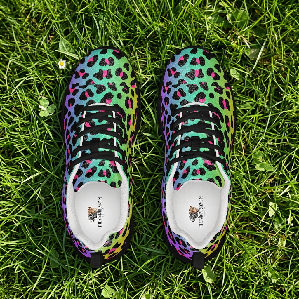 Colorful leopard print sneakers on a white background
