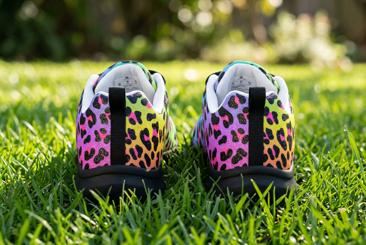 Colorful leopard print sneakers on a white background