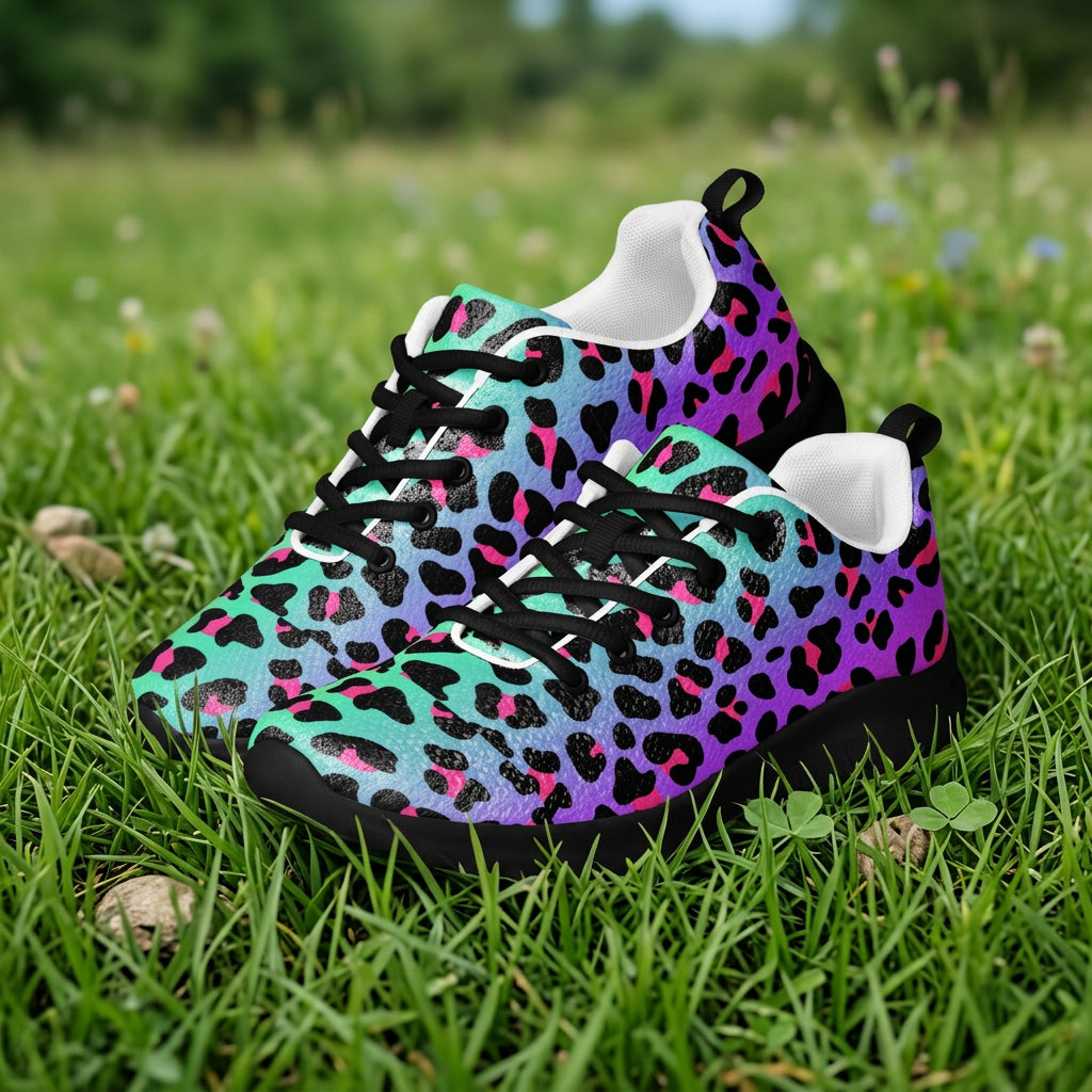 Colorful leopard print sneakers on a white background