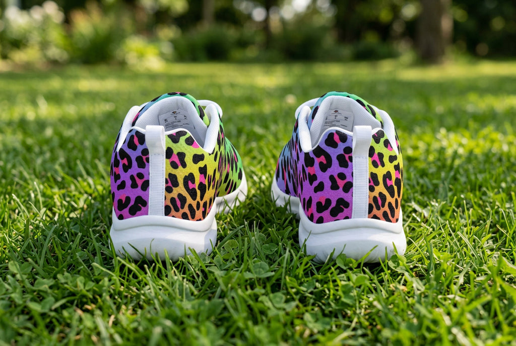 Colorful leopard print sneakers on a white background