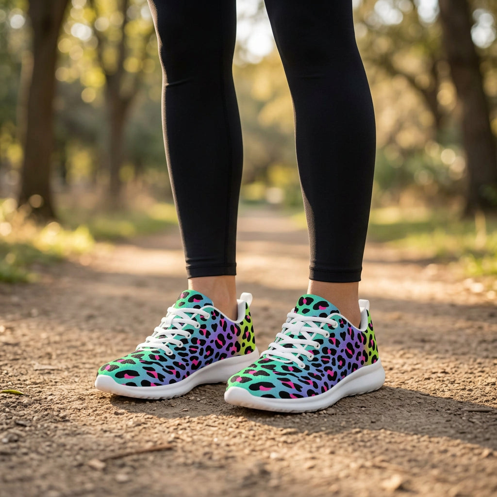 Pair of green leopard print sneakers on a white background