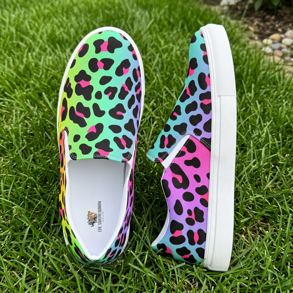 Colorful leopard print slip-on shoes on a white background