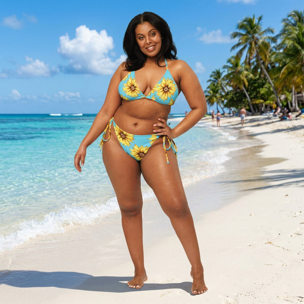Woman wearing a blue bikini with sunflower patterns on a white background