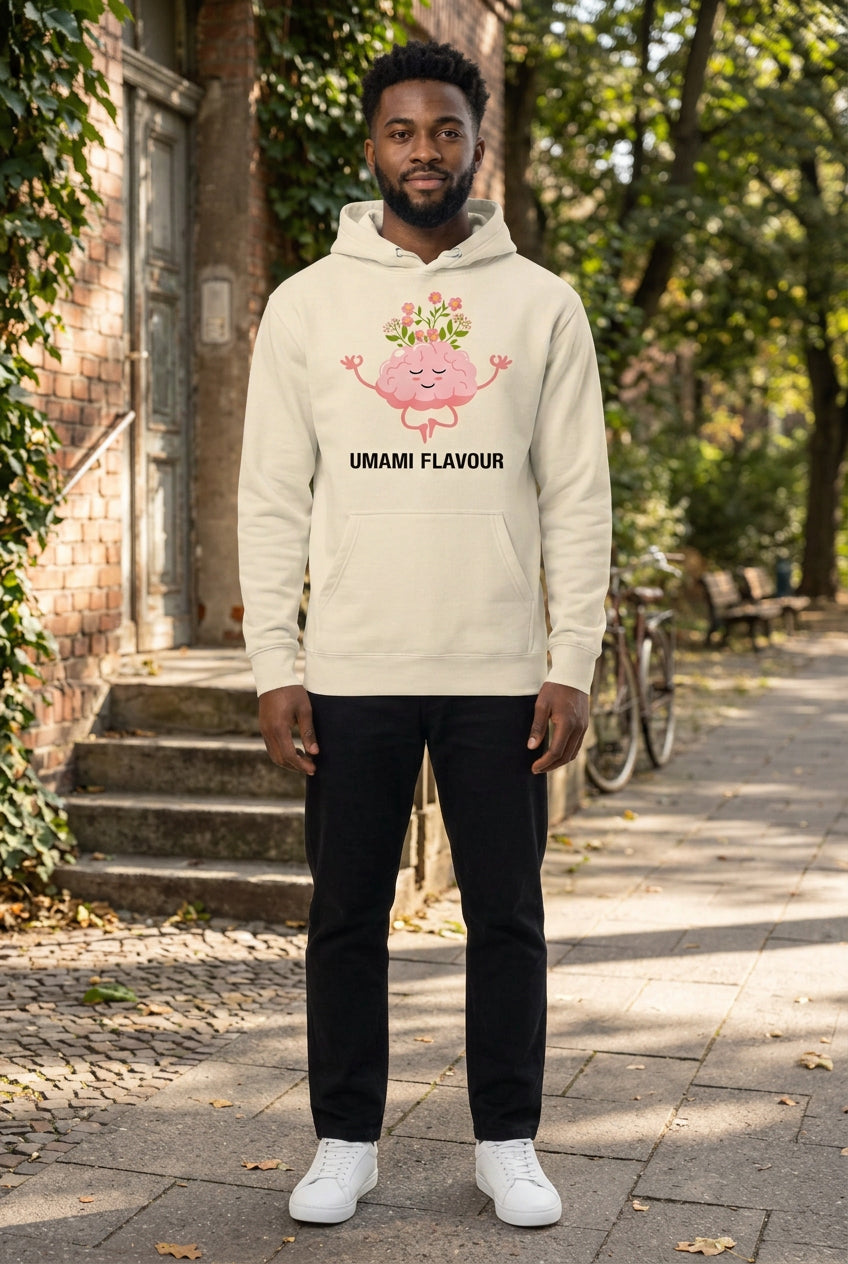 Beige hoodie with a pink cartoon brain design and 'Umami Flavour' text on a white background