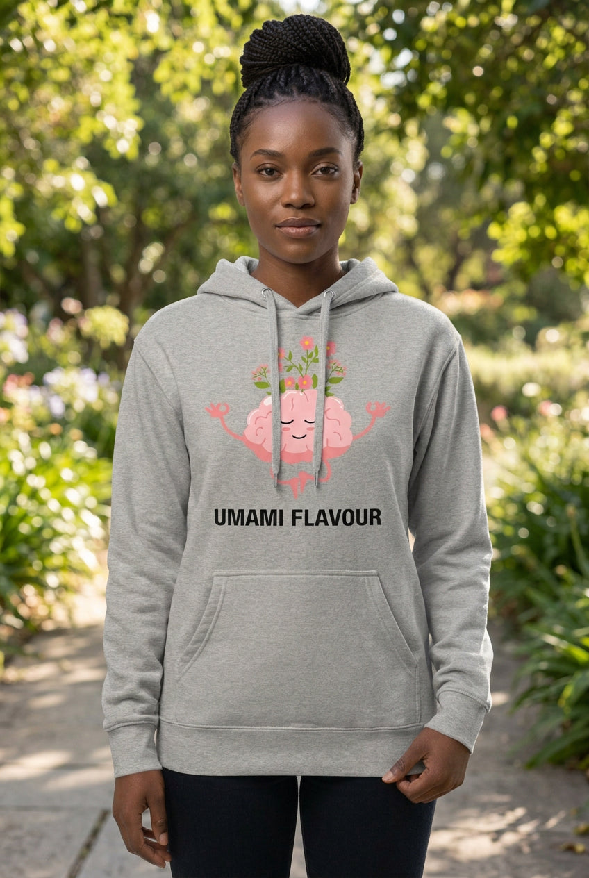 Gray hoodie with a pink brain graphic and 'Umami Flavour' text on a white background