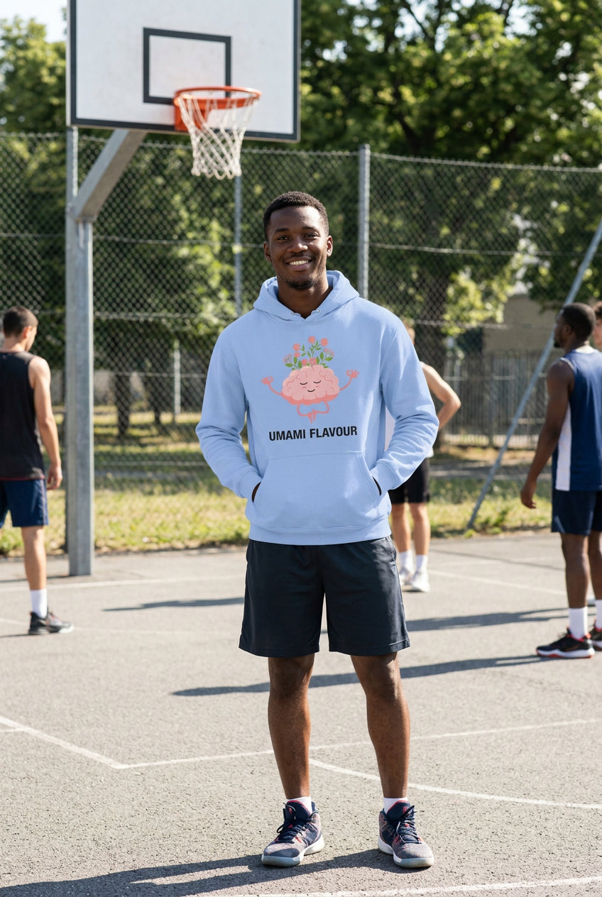 Light blue hoodie with a cartoon brain design and 'Umami Flavour' text on a white background