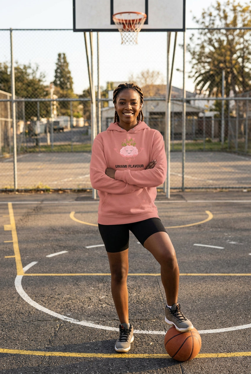 Coral hoodie with a brain design and 'Umami Flavour' text on a white background