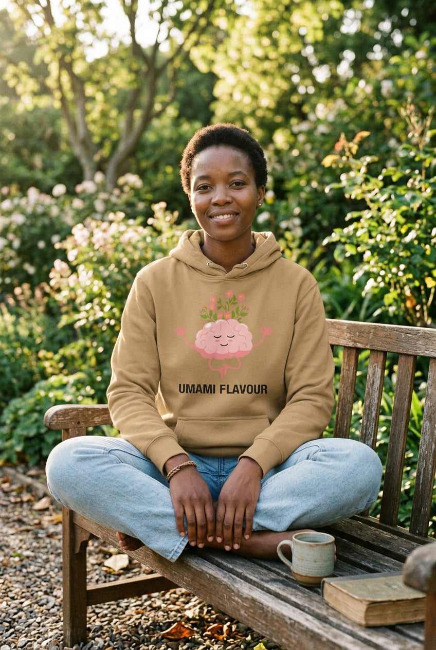 Brown hoodie with a cartoon brain design and 'Umami Flavour' text on a white background