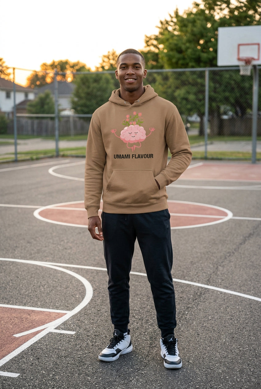 Brown hoodie with a pink cartoon brain design and 'Umami Flavour' text on a white background