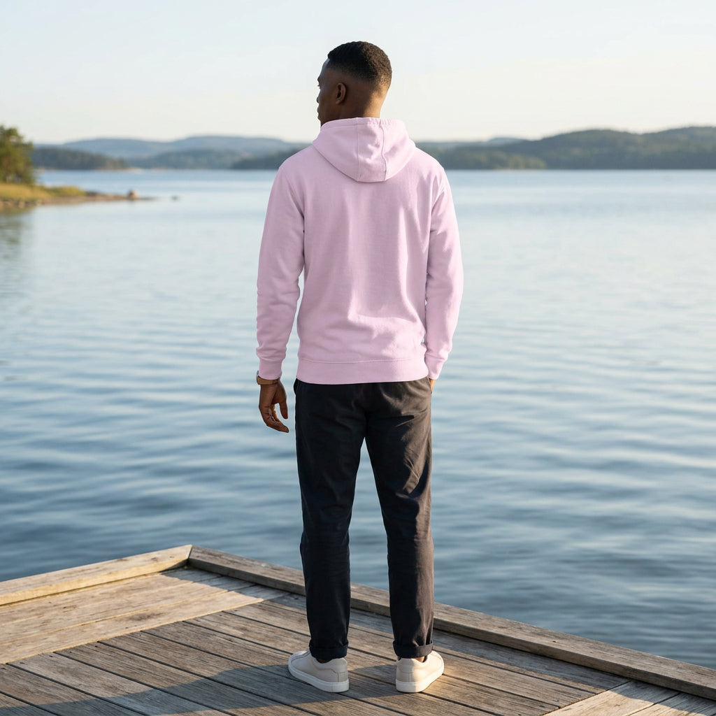 Light pink hoodie shown from the back on a white background
