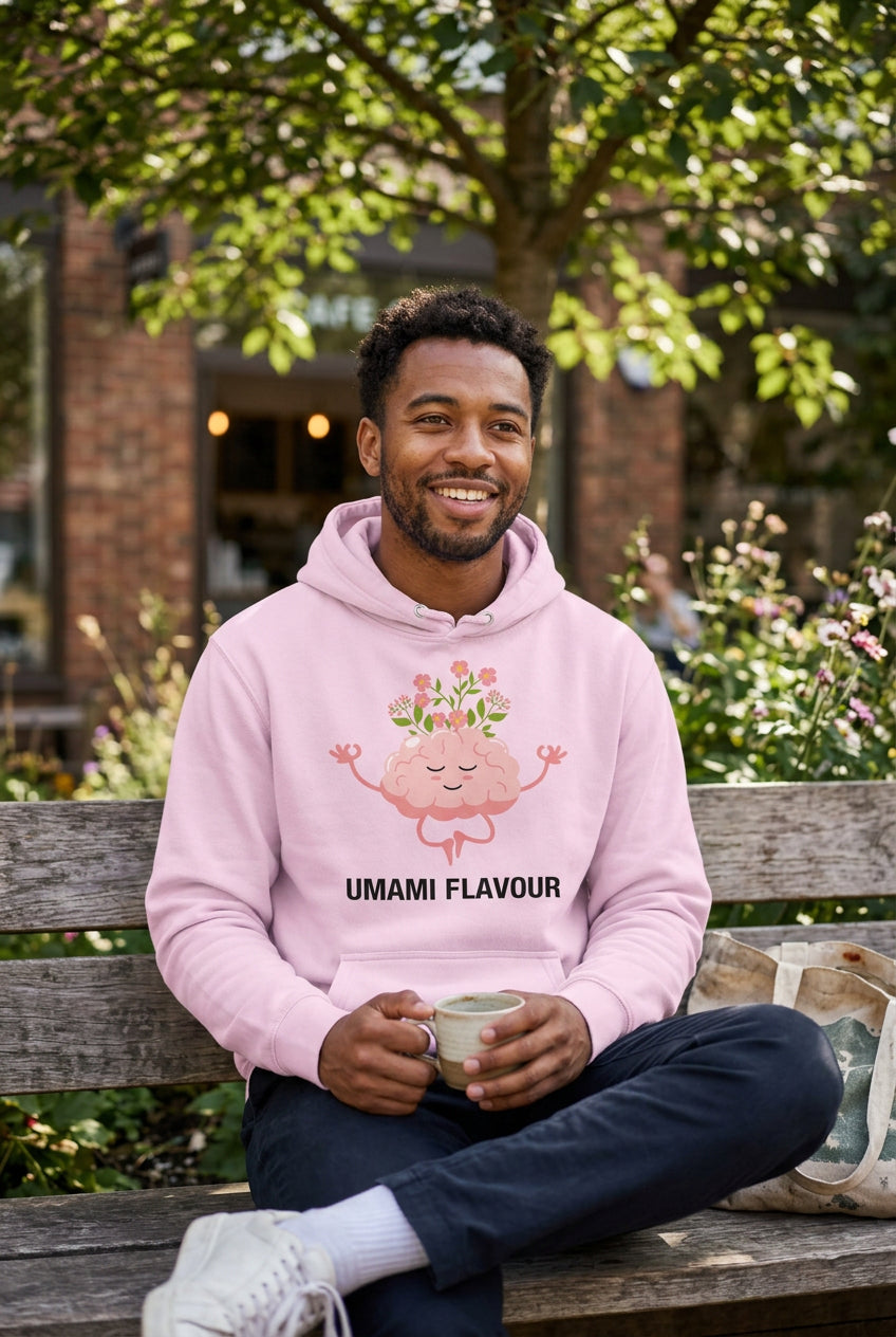 Pink hoodie with a cartoon brain design and 'Umami Flavour' text on a white background