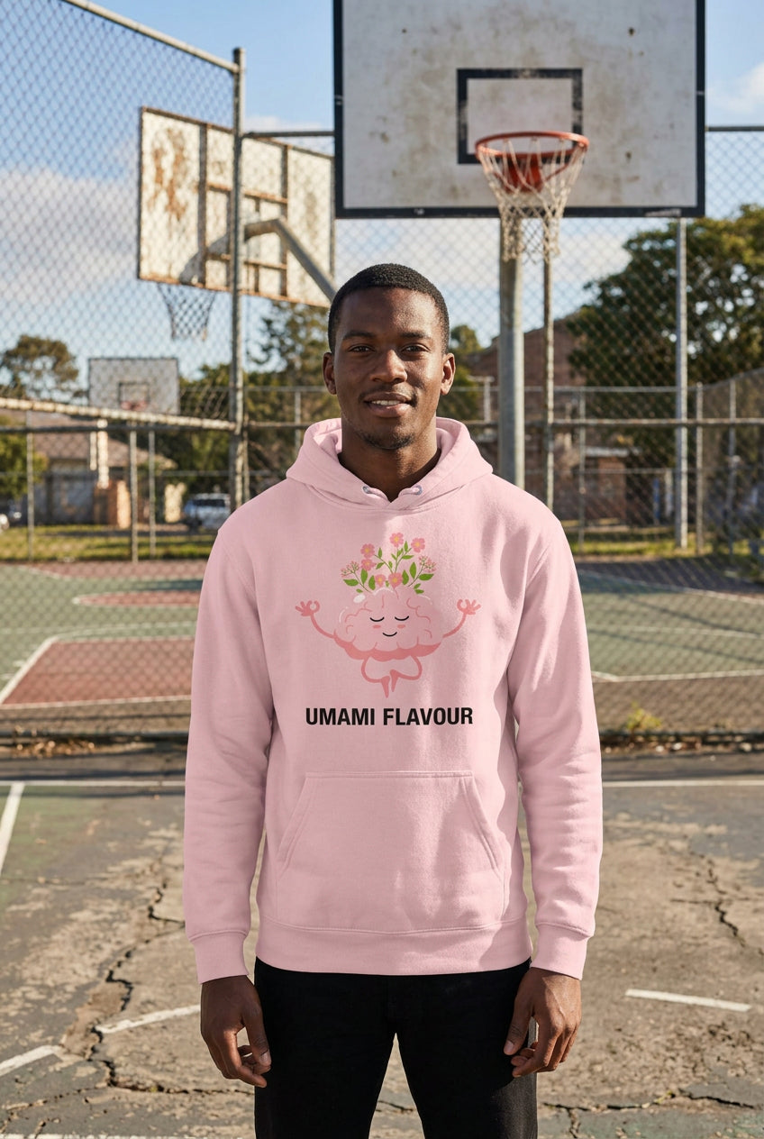 Pink hoodie with a cartoon brain design and 'Umami Flavour' text on a white background