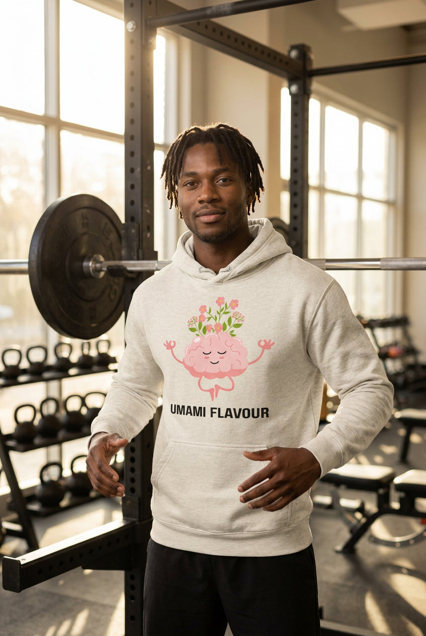 Beige hoodie with a pink brain graphic and 'Umami Flavour' text on a white background