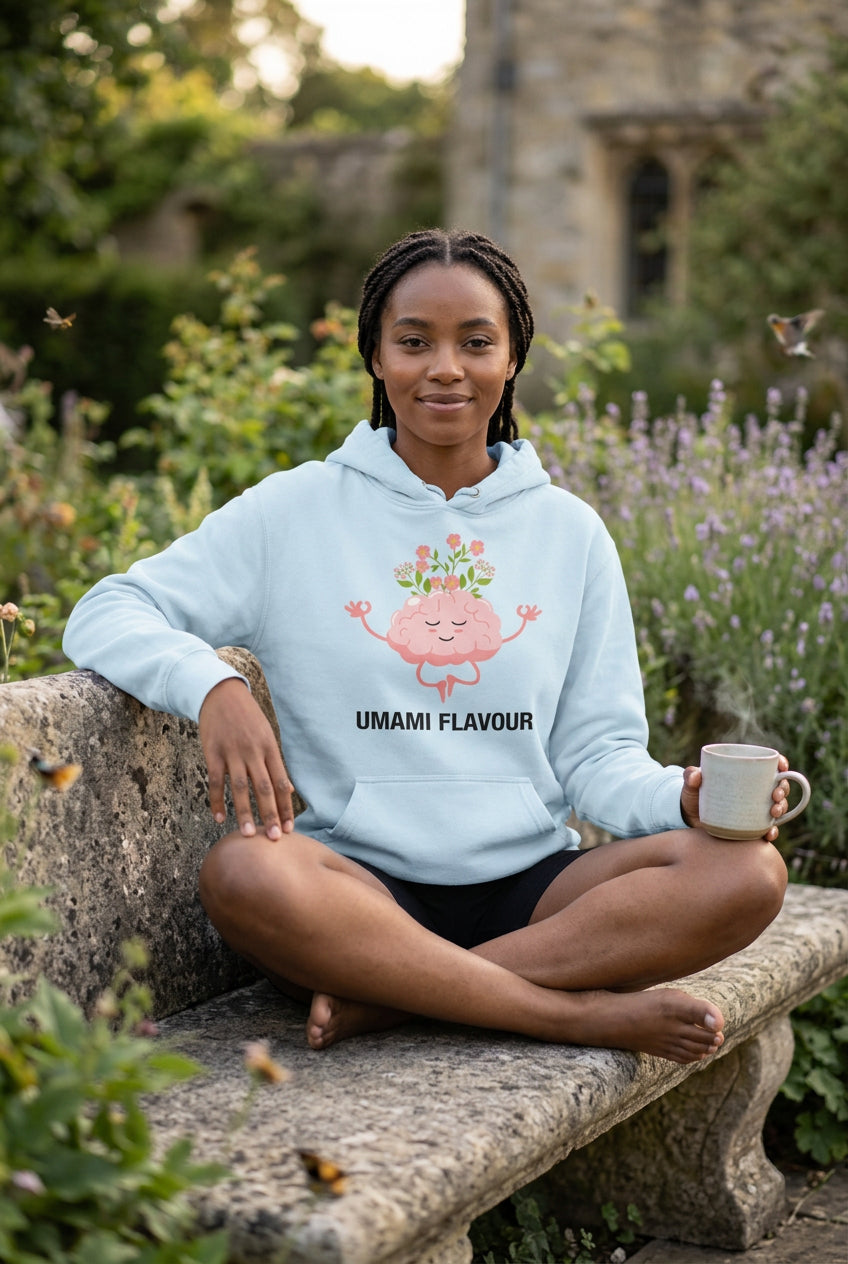 Light blue hoodie with a brain graphic and 'Umami Flavour' text on a white background