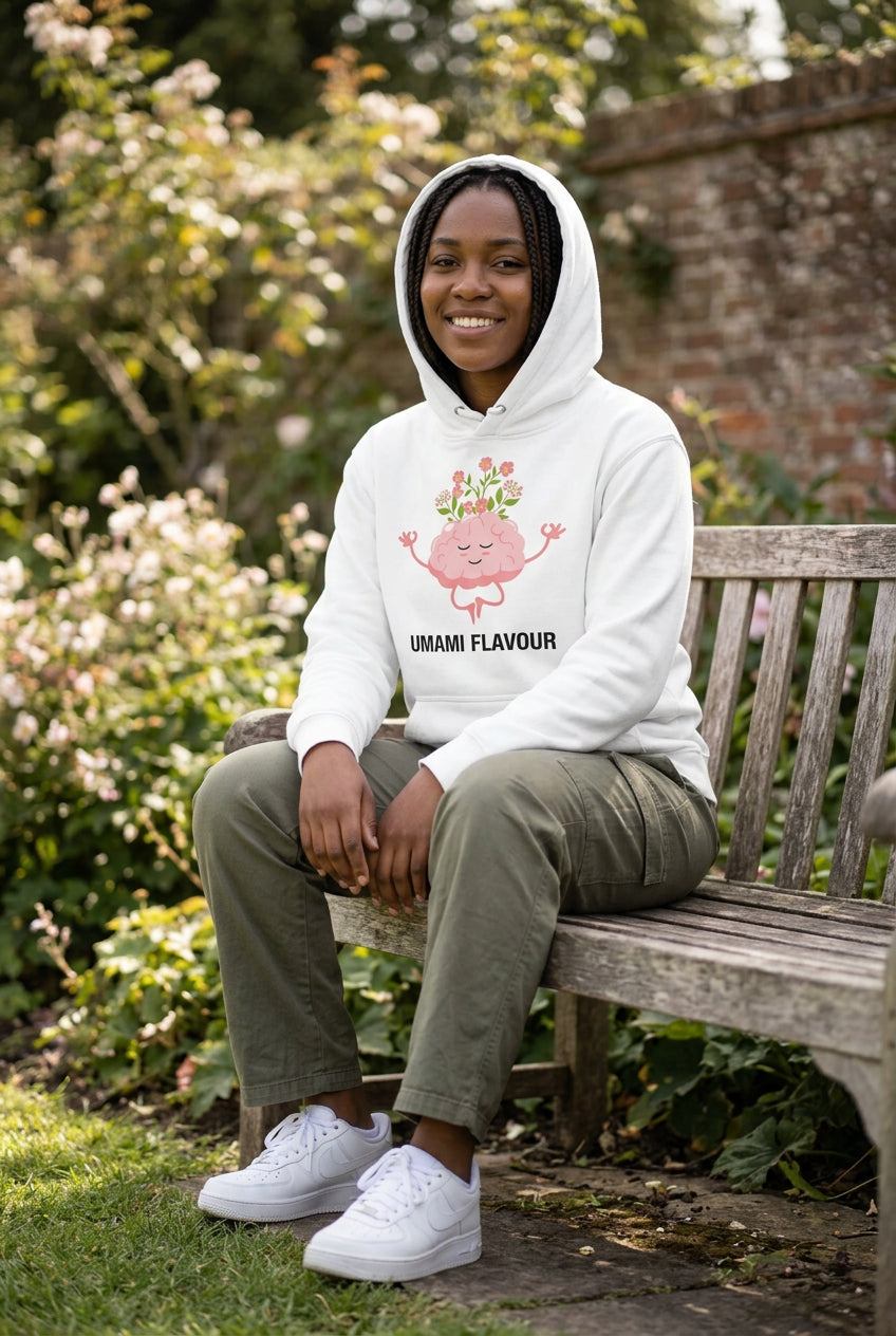 White hoodie with a brain graphic and 'Umami Flavour' text on a white background