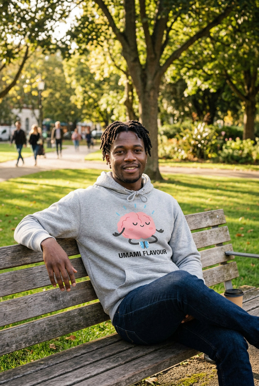 Gray hoodie with a cartoon brain design and 'Umami Flavour' text on a white background