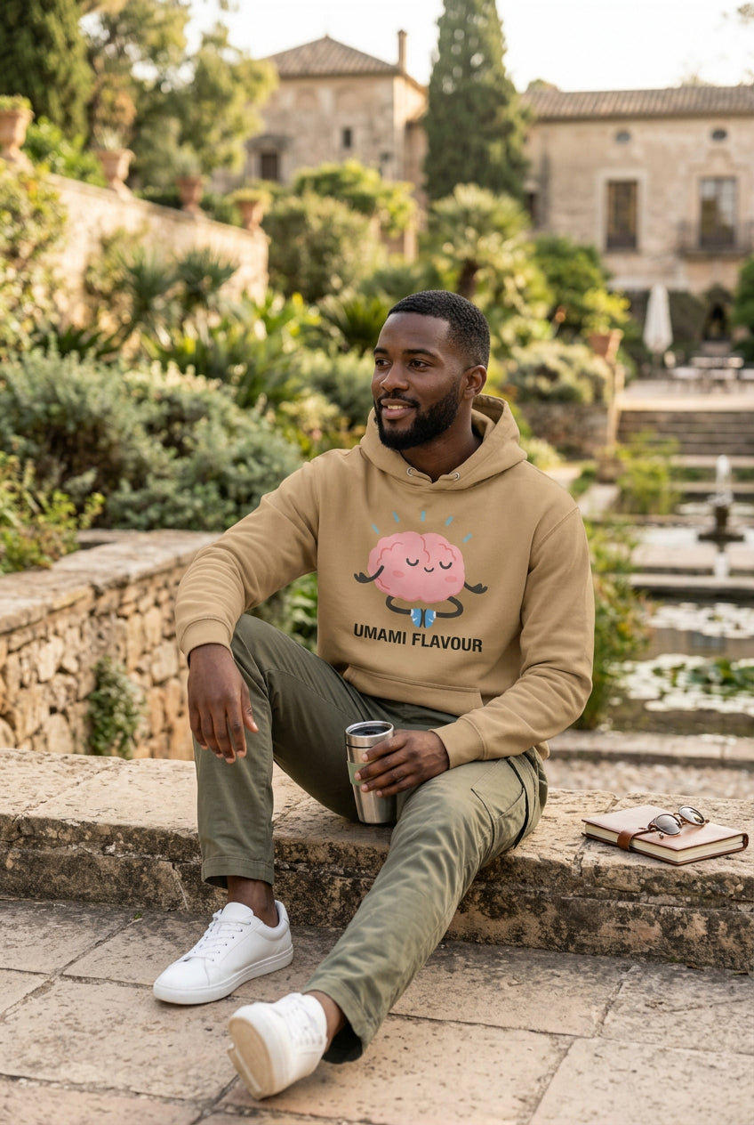 Brown hoodie with a cartoon brain design and 'Umami Flavour' text on a white background