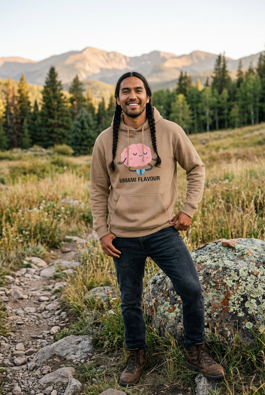 Brown hoodie with a cartoon brain design and 'Umami Flavour' text on a white background