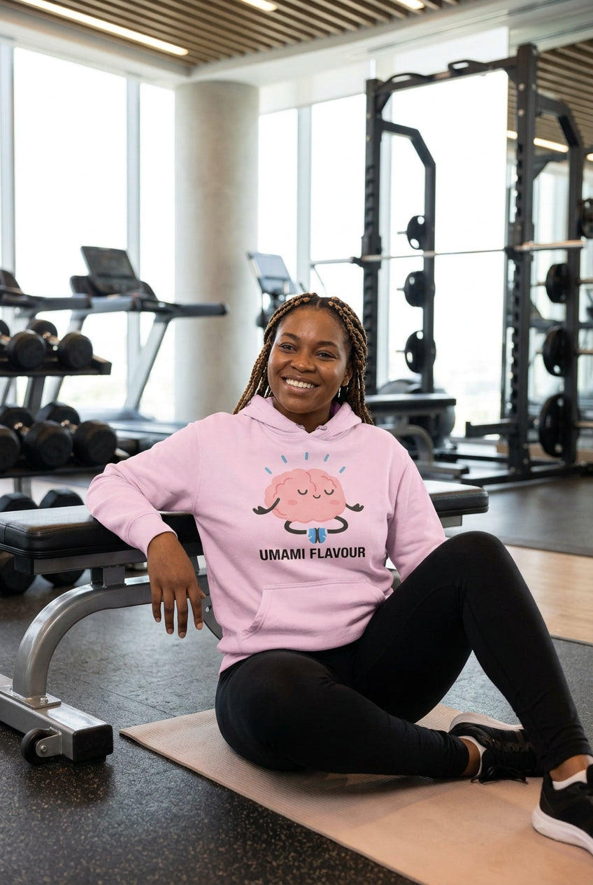 Pink hoodie with a cartoon brain design and 'Umami Flavour' text on a white background