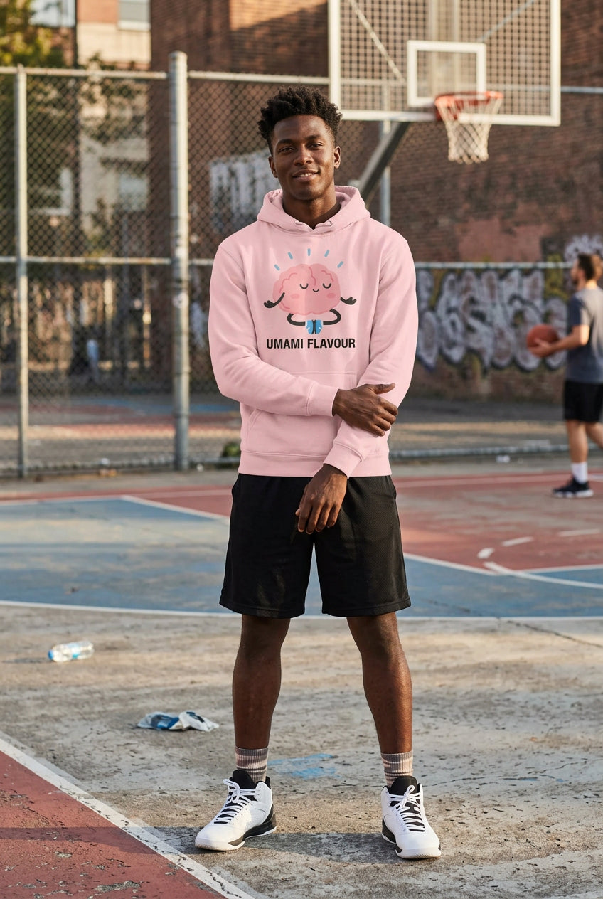 Pink hoodie with a cartoon brain design and 'Umami Flavour' text on a white background