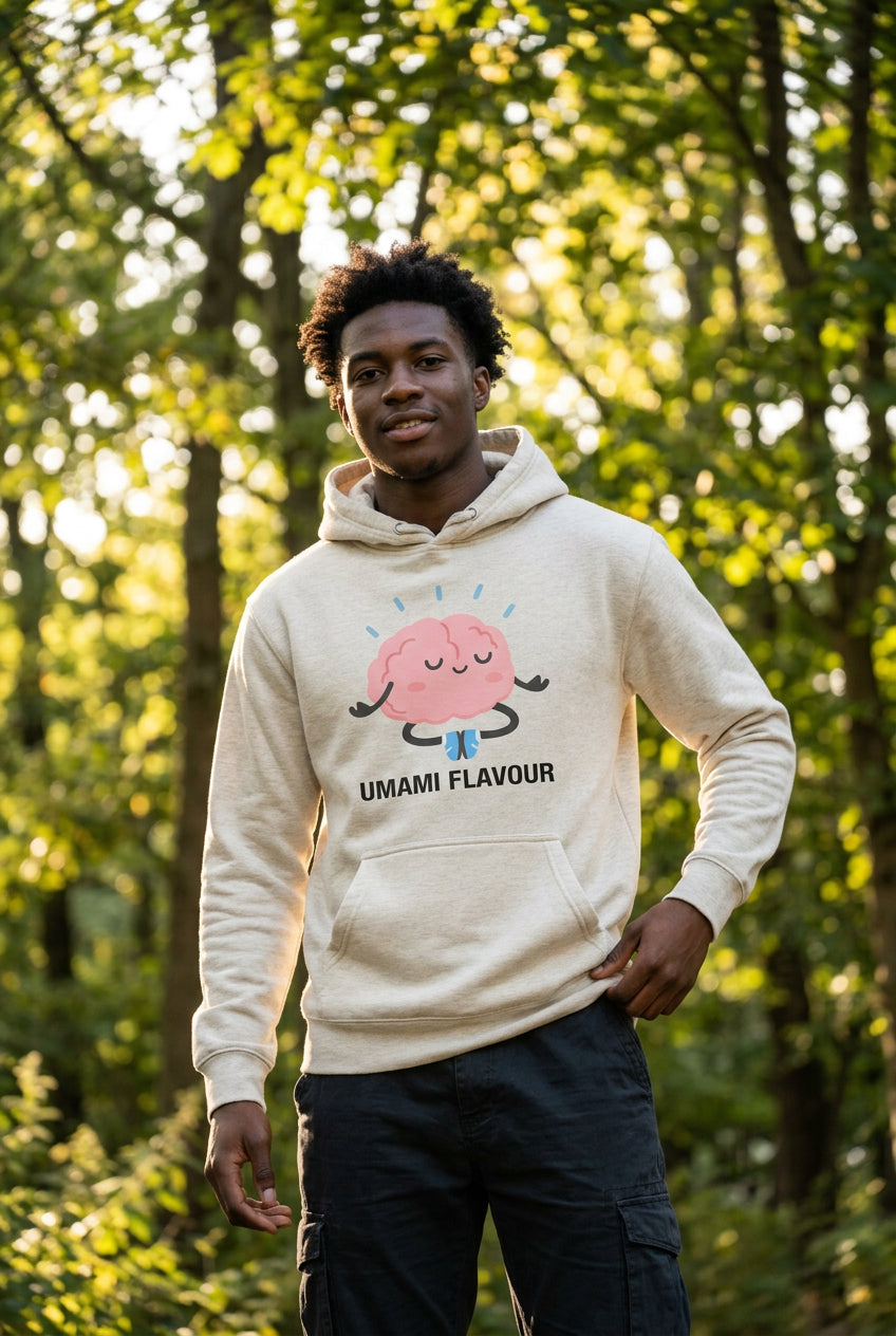 Beige hoodie with a cartoon brain design and 'Umami Flavour' text on a white background