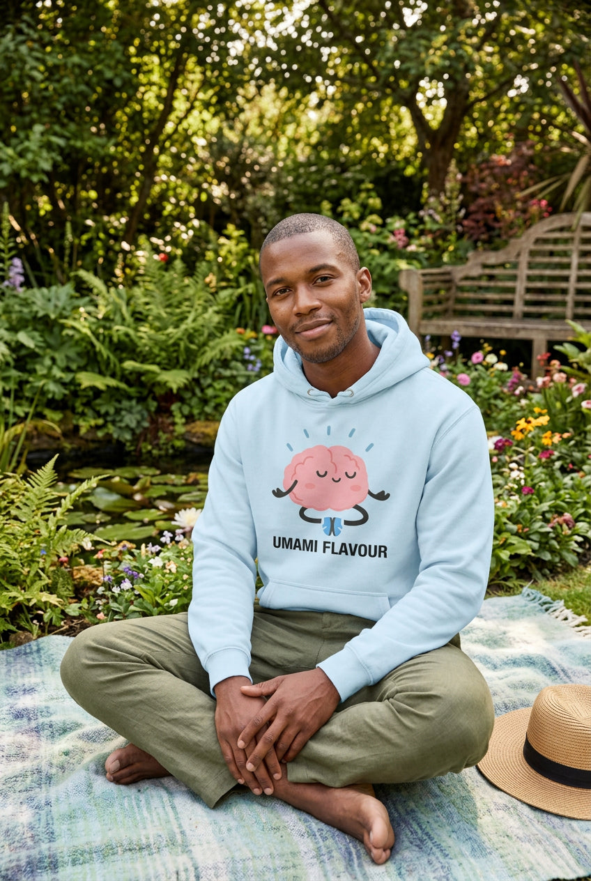 Light blue hoodie with a cartoon brain design and 'Umami Flavour' text on a white background