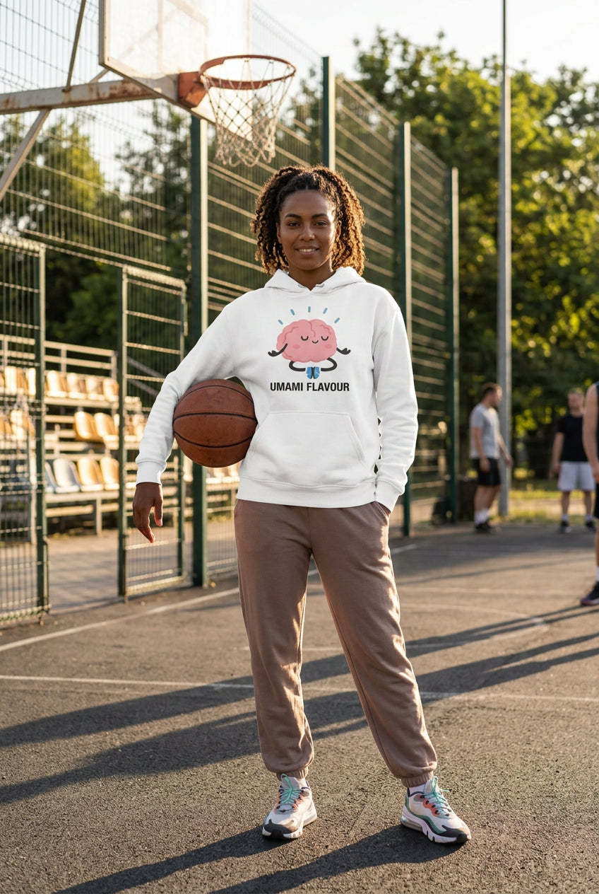 White hoodie with a cartoon brain design and 'Umami Flavour' text on a white background