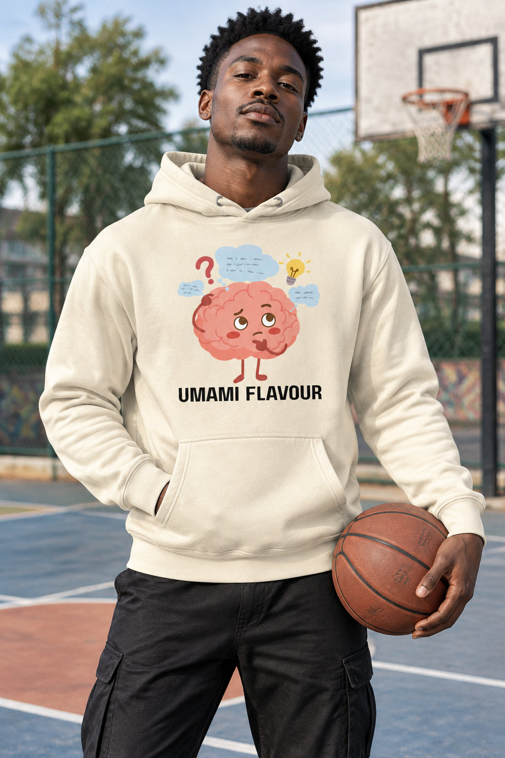 Beige hoodie with a cartoon brain graphic and 'Umami Flavour' text on a white background