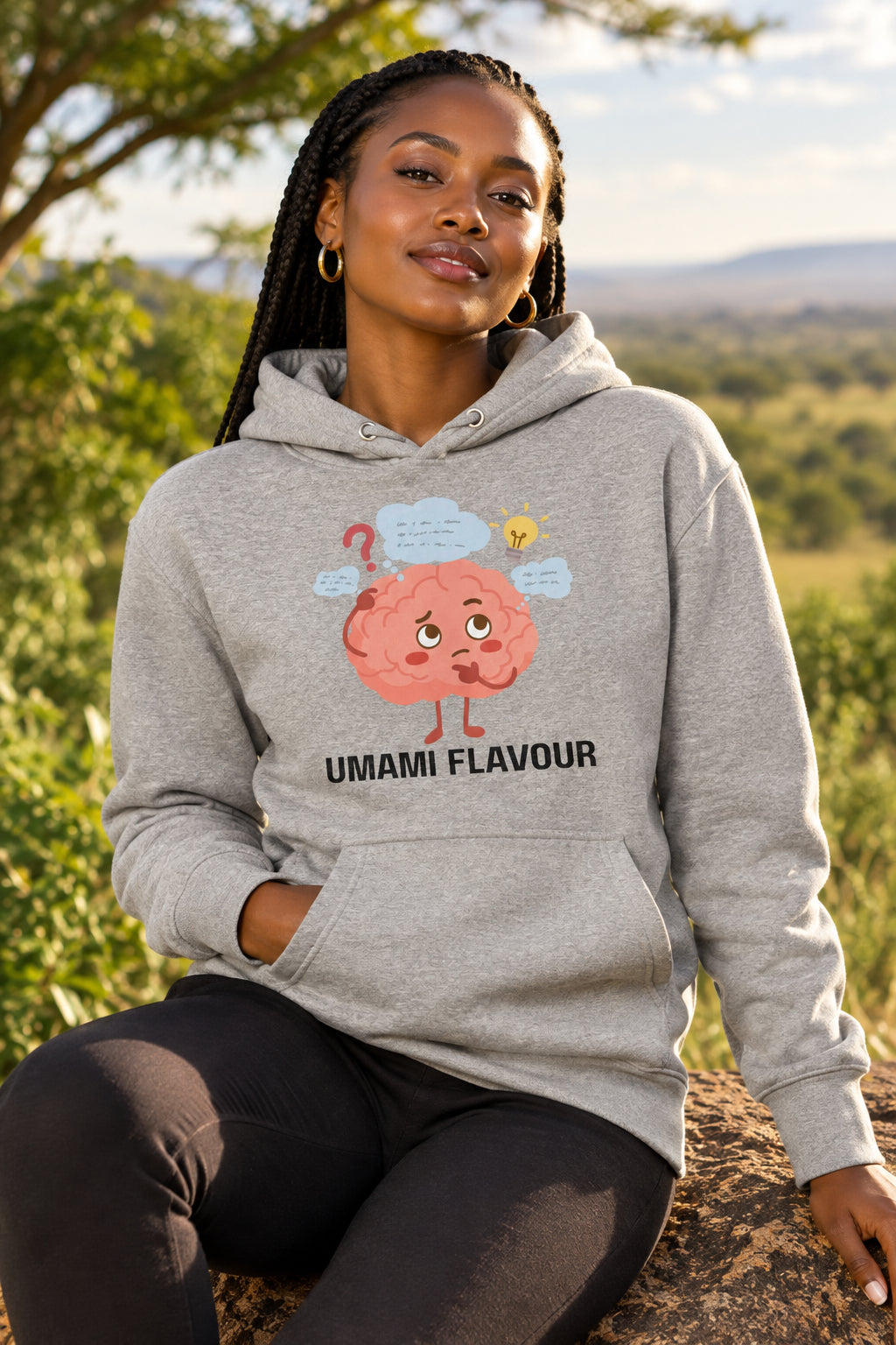 Gray hoodie with a cartoon brain design and 'Umami Flavour' text on a white background