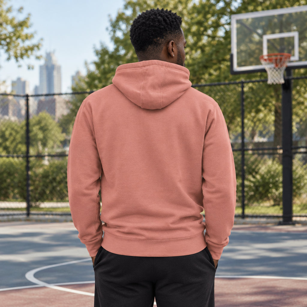 Back view of a pink hoodie on a white background
