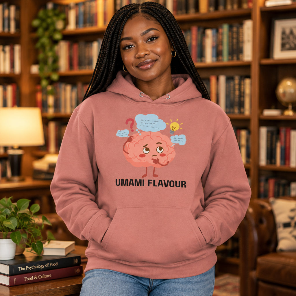 Coral hoodie with a cartoon brain design and 'Umami Flavour' text on a white background