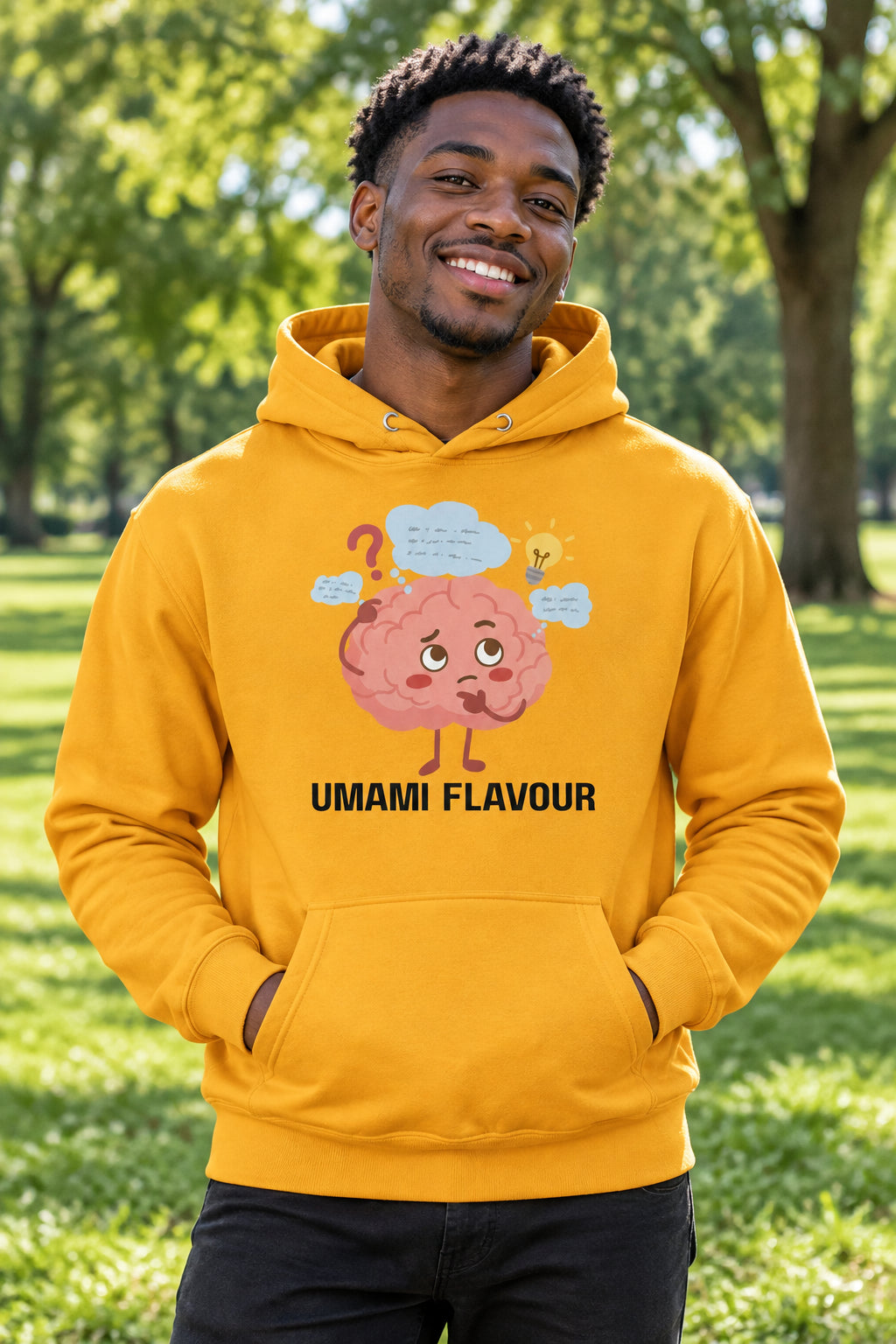 Gold hoodie with a cartoon brain design and 'Umami Flavour' text on a white background