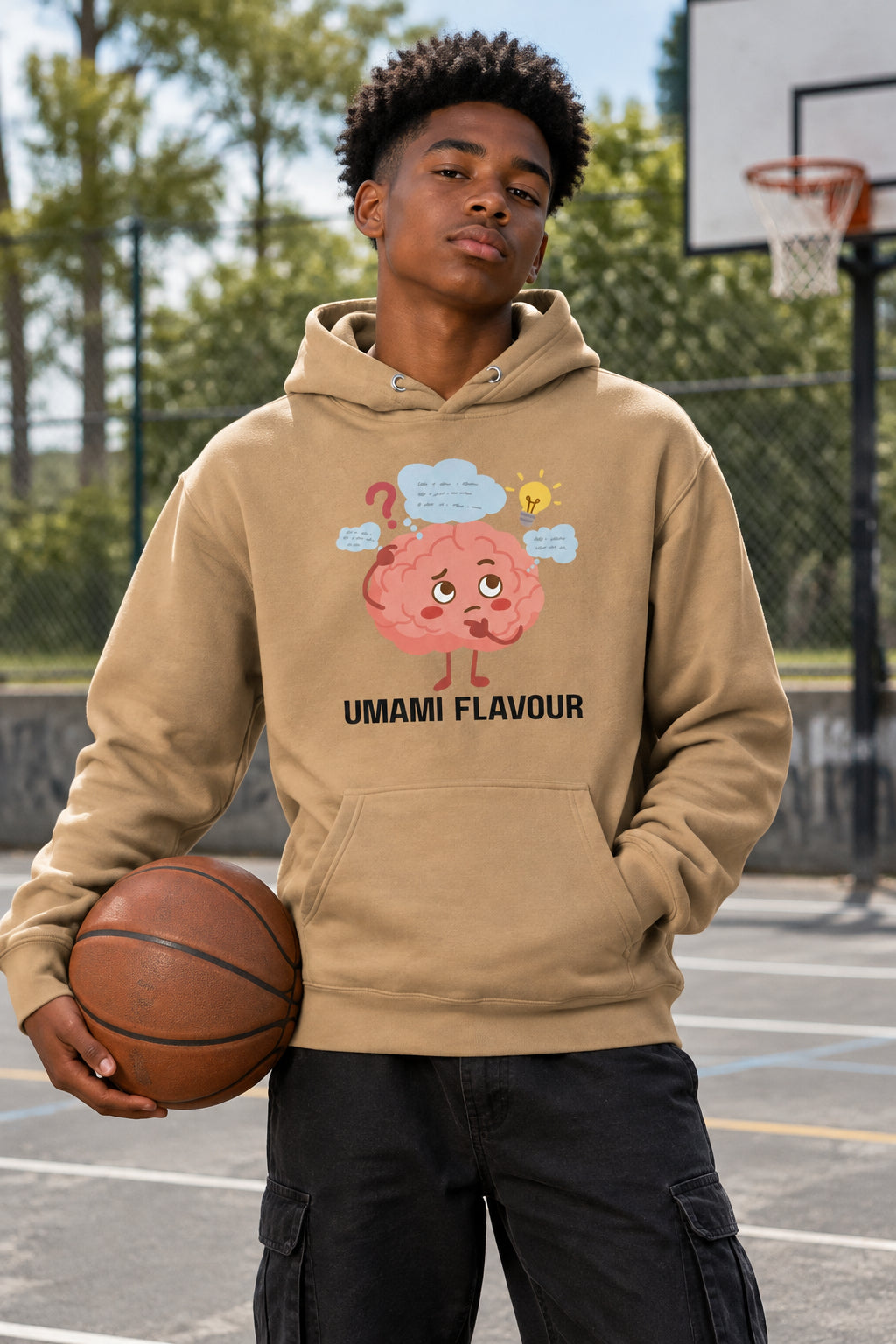 Brown hoodie with a cartoon brain graphic and 'Umami Flavour' text on a white background